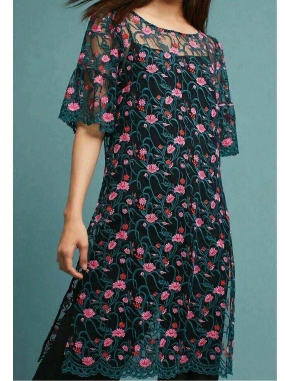 Anthropologie Green Sheer Tunic Top Forest Feminine Embroidered Pink Garden